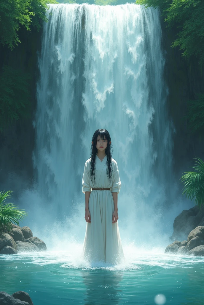 Japanese girl, . She is wearing a white one-piece dress. She is standing in a waterfall basin and is receiving the falling water current of the waterfall on her body. She is looking at us with an expression of endurance. The camera is positioned as if looking up at the person and the waterfall from the surface of the water.