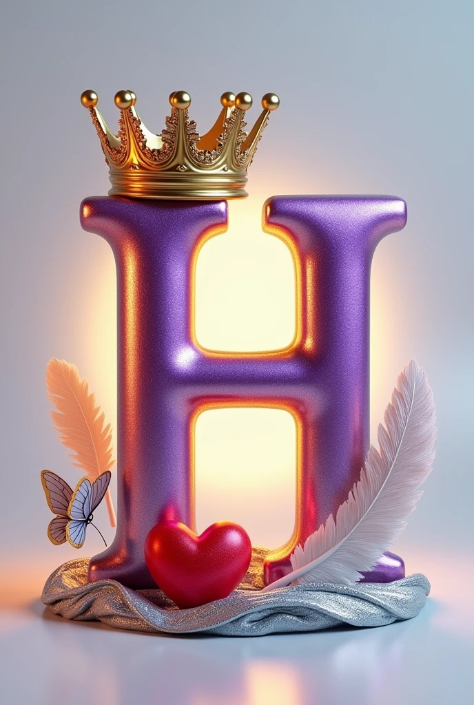 A 3d render of the a capital letter "H" in a purple and gold metallic font with a golden British crowns above letter and a white feather and butterfly, with a light shine behind the letter, and a silver swirl underneath. A red heart , The background is a light gray.