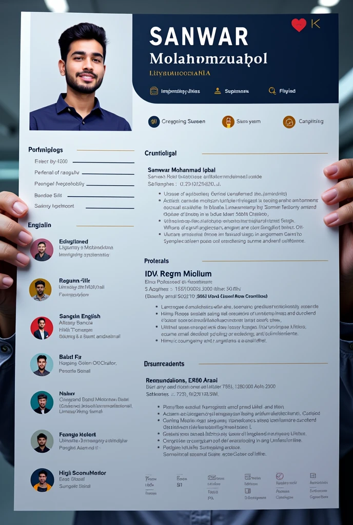 high quality, 8K Ultra HD, I need a unique,creative, aesthetic,lucrative looking CV..my details are
Name: Sanwar Mohammad Iqbal
School: Agricultural University High School, Mymensingh
SSC result:GPA 5.00
College: Bangabandhu College,Rajshahi
HSC result:GPA 4.92
University: Bangladesh Army University of Engineering and Technology (I'm currently a 1st year 1st semester student here)
My skill languages are Bangla(100% as it's my mother tongue), English(100% it's my 2nd language),Hindi(70%),Urdu(50%), Japanese(30%)
My other skills are I'm moderately good(because I get less time because of study, otherwise I would've been very good or expert) in Graphical designing,Motion graphics,3d modeling in blender,video editing,Adobe softwares,ms word
My contacts are 
Number:01779782230
Email: sanwar.iqbal.edu@gmail.com
FB: Sanwar Niloy

