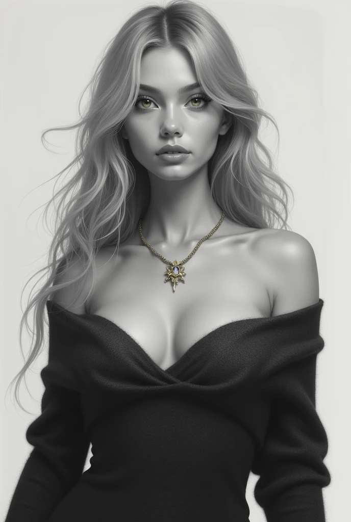 1 girl in, 20 year, standing alone, long hair, Colossal , looking ahead at viewer, hair blonde, hair blonde, bare shoulders, greeneyes, jewelery, all-body, a necklace, off the shoulders, Sweaters, realisitic, A sexy, big boobies,batgirl super heroes full clothes, black and white