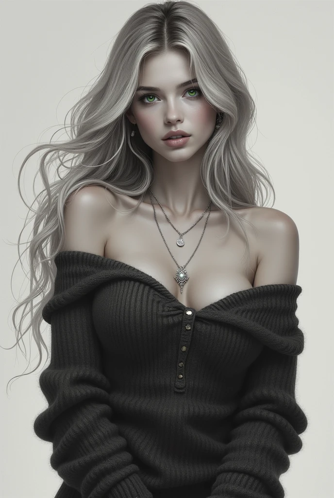 1 girl in, 20 year, standing alone, long hair, Colossal , looking ahead at viewer, hair blonde, hair blonde, bare shoulders, greeneyes, jewelery, all-body, a necklace, off the shoulders, Sweaters, realisitic, A sexy, big boobies,batgirl super heroes full clothes, black and white