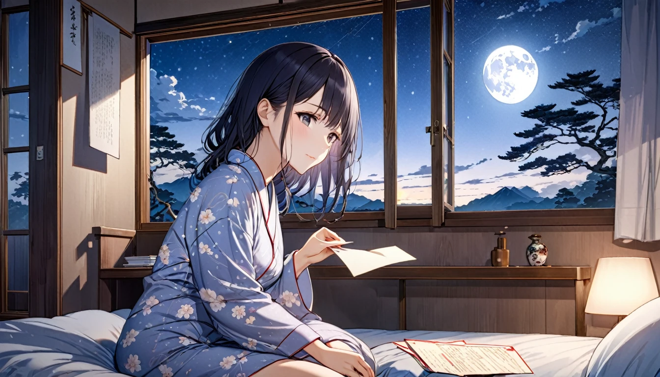 Ukiyo-e, Japanese painting, woodblock print, anime, manga, comics, figure, Beautiful woman,Wearing modern pajamas, Night sky from window,Staring dreamily at a love letter、The soft moonlight illuminates her face、Cozy bedroom setting、Romantic and tranquil atmosphere、Photorealistic、Very detailed