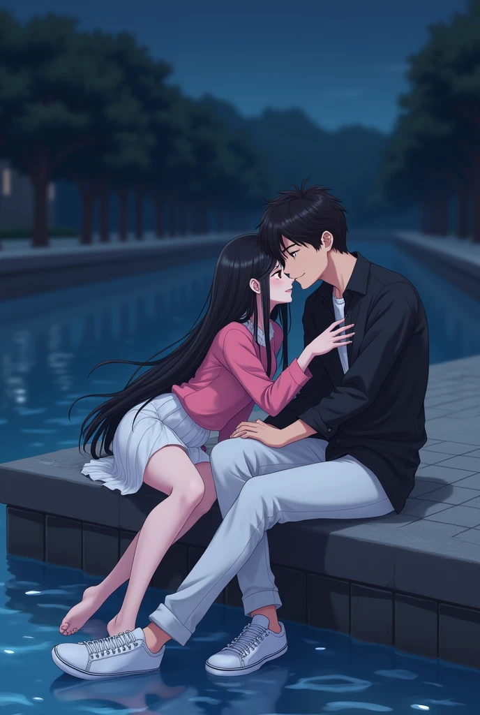girl has black long hair and is pretty.she is wearing a pink top,a white skirt and blue shoes.he has black hair.He wears white shoes,white pants and a black shirt.the two are sitting by the water she holds her hand in the water and lies .he holds her legs and laughs.it's night.they sit on a canal.the water is one meter below you