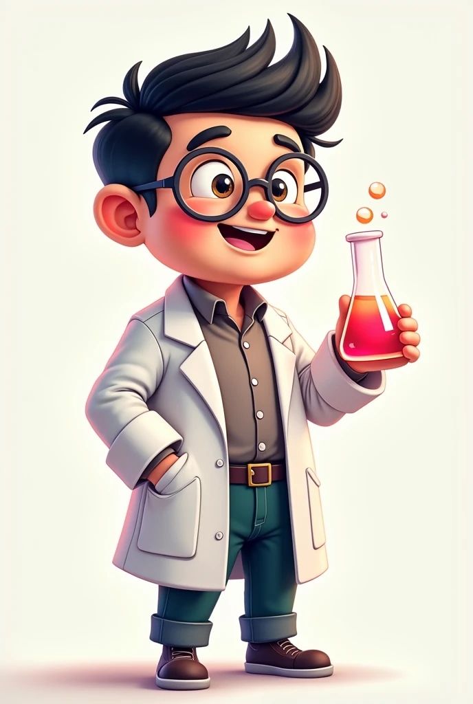 A full-body cartoon character in chibi style with a height of 185 cm, weight of 95 kg, and a slightly chubby build. The character should have a medium fade haircut and be wearing the glasses shown in the image provided. The character is holding a Erlenmeyer flask with a very light pink phenolphthalein solution,The character is also wearing a lab coat similar to those used in chemistry labs, with the overall style being bright, colorful, and in the same smooth lines as the previous images. The background should be simple to keep the focus on the character.