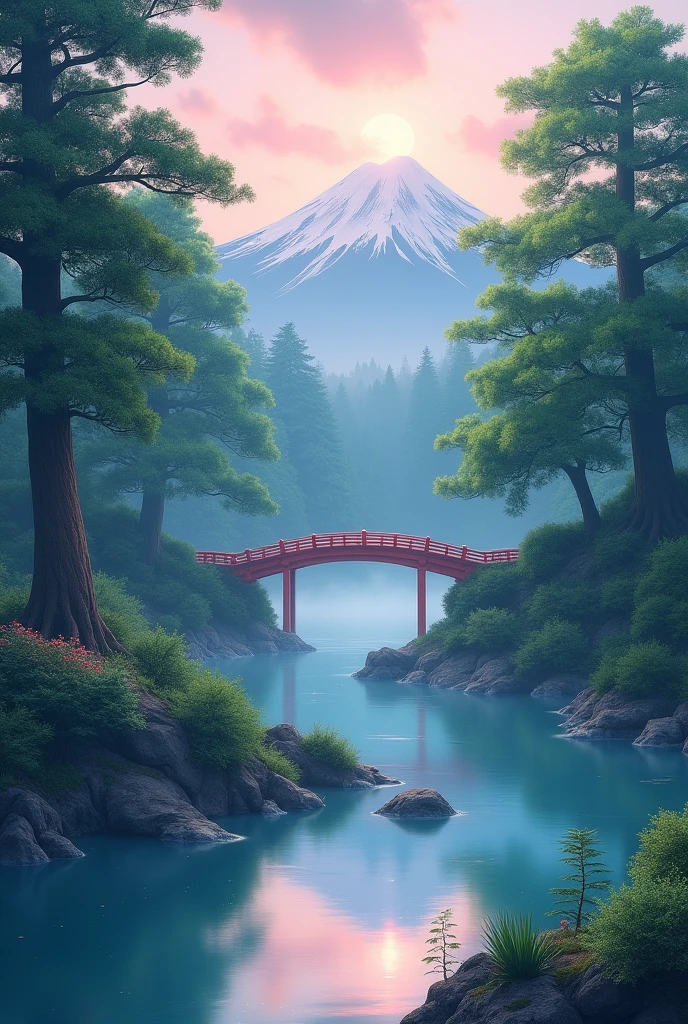 “A tranquil, dreamlike landscape inspired by the serene beauty of Japanese nature. The scene features a lush, verdant forest with tall, ancient trees, surrounded by gently flowing rivers with crystal-clear water. The sky is painted with soft hues of pink and orange as the sun sets, casting a warm, calming light over the scene. Mist gently rises from the water, adding an ethereal and otherworldly atmosphere to the environment. In the distance, snow-capped mountains tower majestically, and a tradi