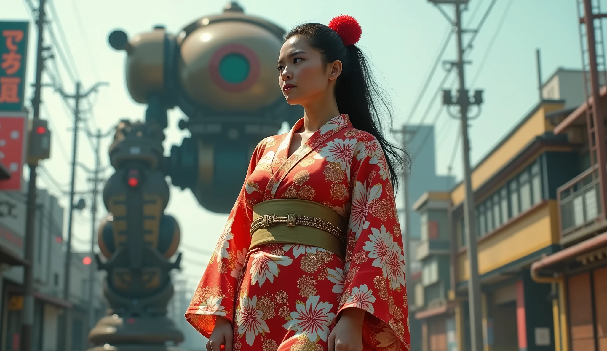 (Masterpiece. Uhd. Photorealistic) an ultra hot gorgeous Swedish woman. Age 23. Voluptuous hourglass body. Gorgeous face. Epic cleavage (100 Dd size)) Wearing a random color expensive Yakata. In cyberpunk retro futuristic Neo Tokyo. A 1930 clunky and rusty evil war robot in the background.
