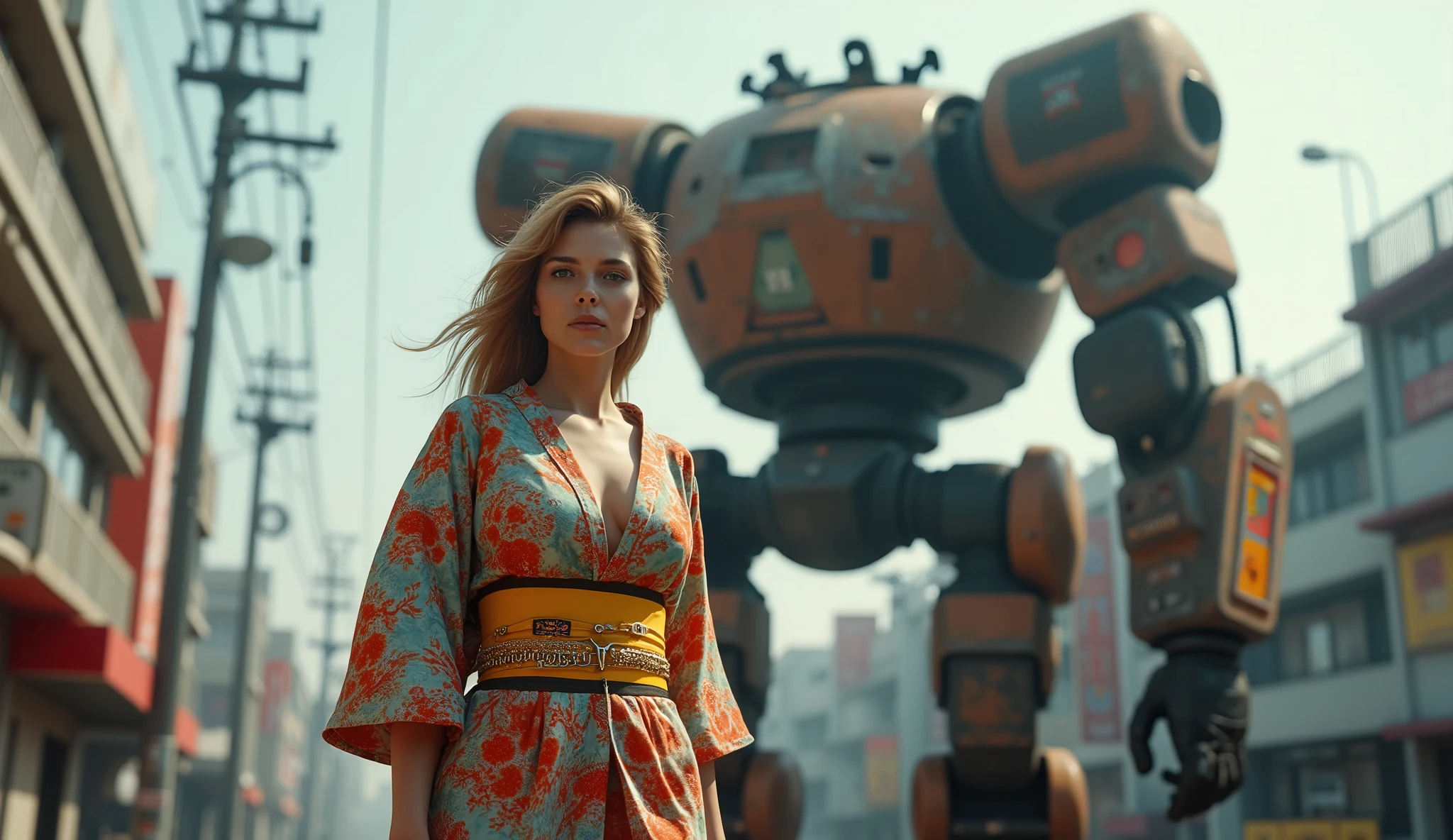 (Masterpiece. Uhd. Photorealistic) an ultra hot gorgeous Swedish woman. Age 23. Voluptuous hourglass body. Gorgeous face. Epic cleavage (100 Dd size)) Wearing a random color expensive Yakata. In cyberpunk retro futuristic Neo Tokyo. A 1930 clunky and rusty evil war robot in the background.
