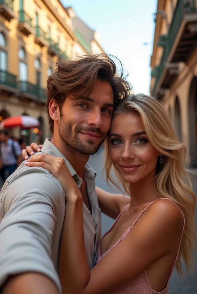 A couple taking a selfie hugging each other, in the summer on the streets of Milan he brown hair and eyes she blonde green eyes 8k ultrarealistic photorealistic 