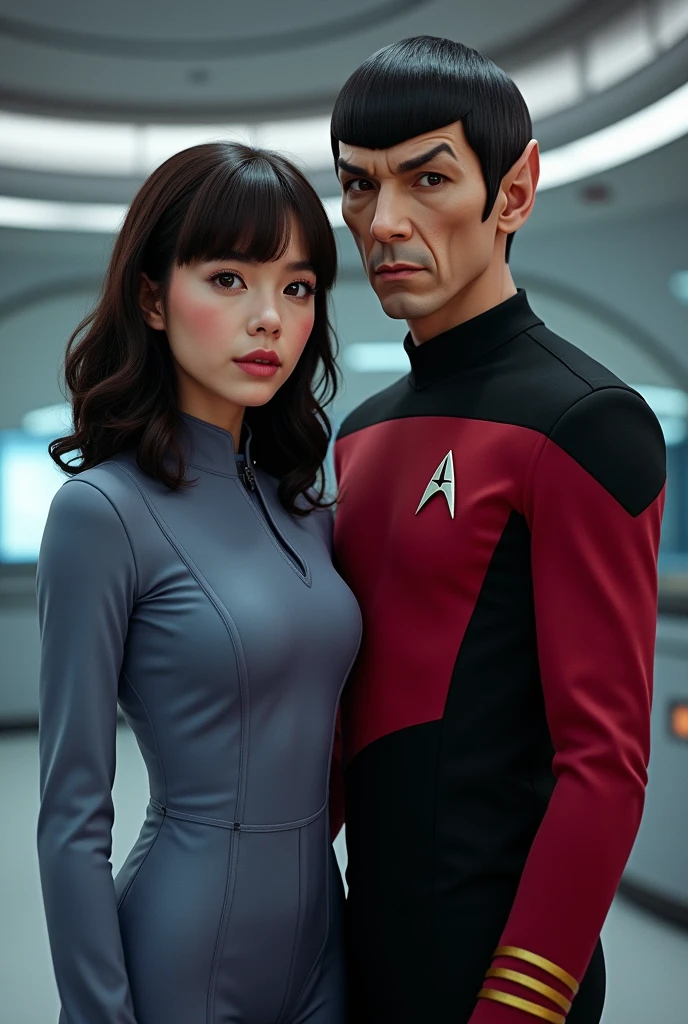 Dr Spock Dr Star trek next to a girl with dark brown wavy mid-length hair, with bangs, With dark brown almond-shaped eyes and a pinkish complexion , thin red lips and with the medical uniform. the Star Trek