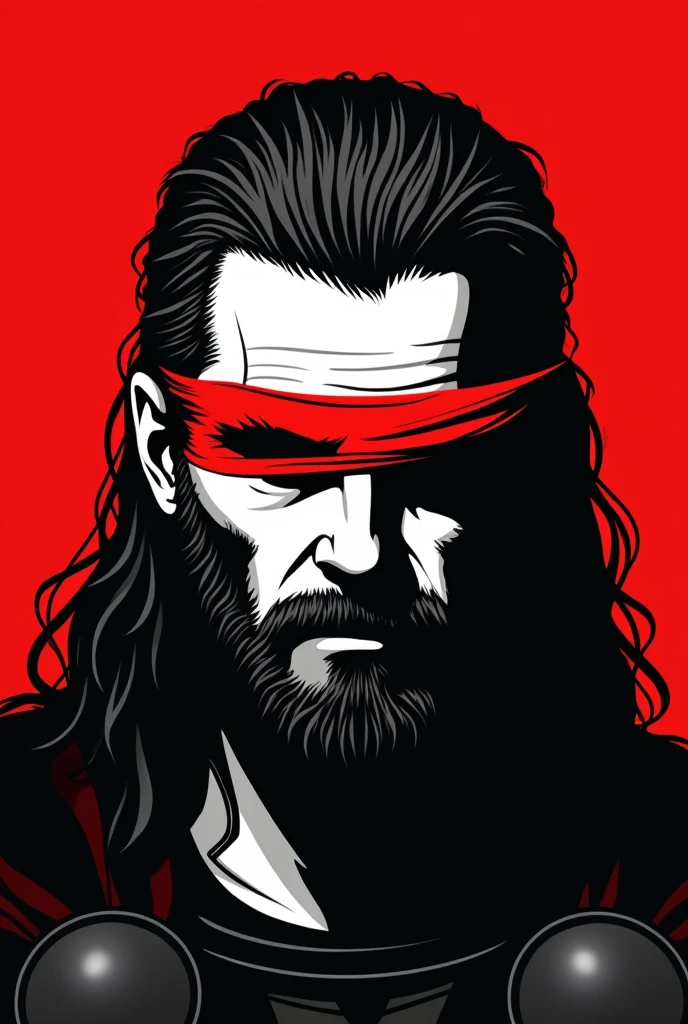 A stylized Art vectoriel portrait of Thor with a black and white face, partiellement obscurci par une bande rouge audacieuse sur ses yeux et sa bouche. L'arrière-plan est rouge uni. La figure semble solennelle, Art vectoriel