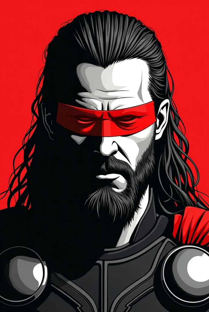 A stylized Art vectoriel portrait of Thor with a black and white face, partiellement obscurci par une bande rouge audacieuse sur ses yeux et sa bouche. L'arrière-plan est rouge uni. La figure semble solennelle, Art vectoriel