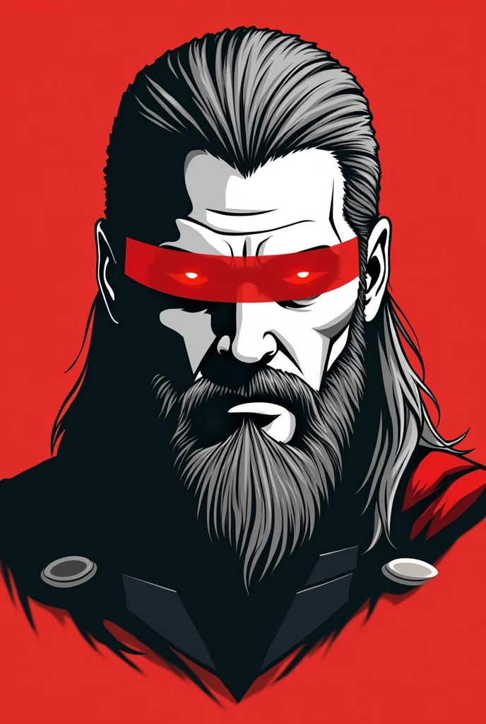 A stylized Art vectoriel portrait of Thor with a black and white face, partiellement obscurci par une bande rouge audacieuse sur ses yeux et sa bouche. L'arrière-plan est rouge uni. La figure semble solennelle, Art vectoriel