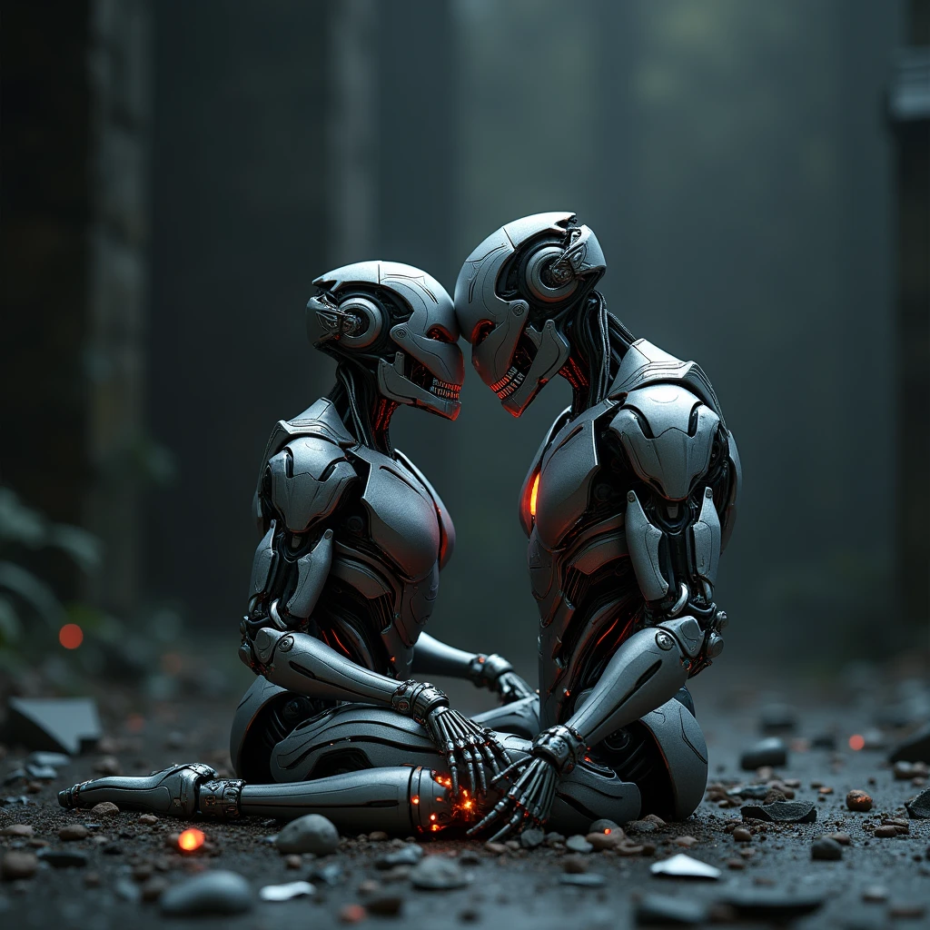 {{{masterpiece}}}, {extremely delicate and beautiful}, (solo:1.5), (best quality:1.2), (ultra high res, photorealistic, raw photo:1.4), 8k, Cinematic Lighting, beautiful lighting, professional lighting, physically-based rendering, photon mapping, radiosity, detailed and intricate, broken robot,pieces of the robot kissing,battle damage, destroyed iron man suit, extremely damaged iron man suit, {Ultron}