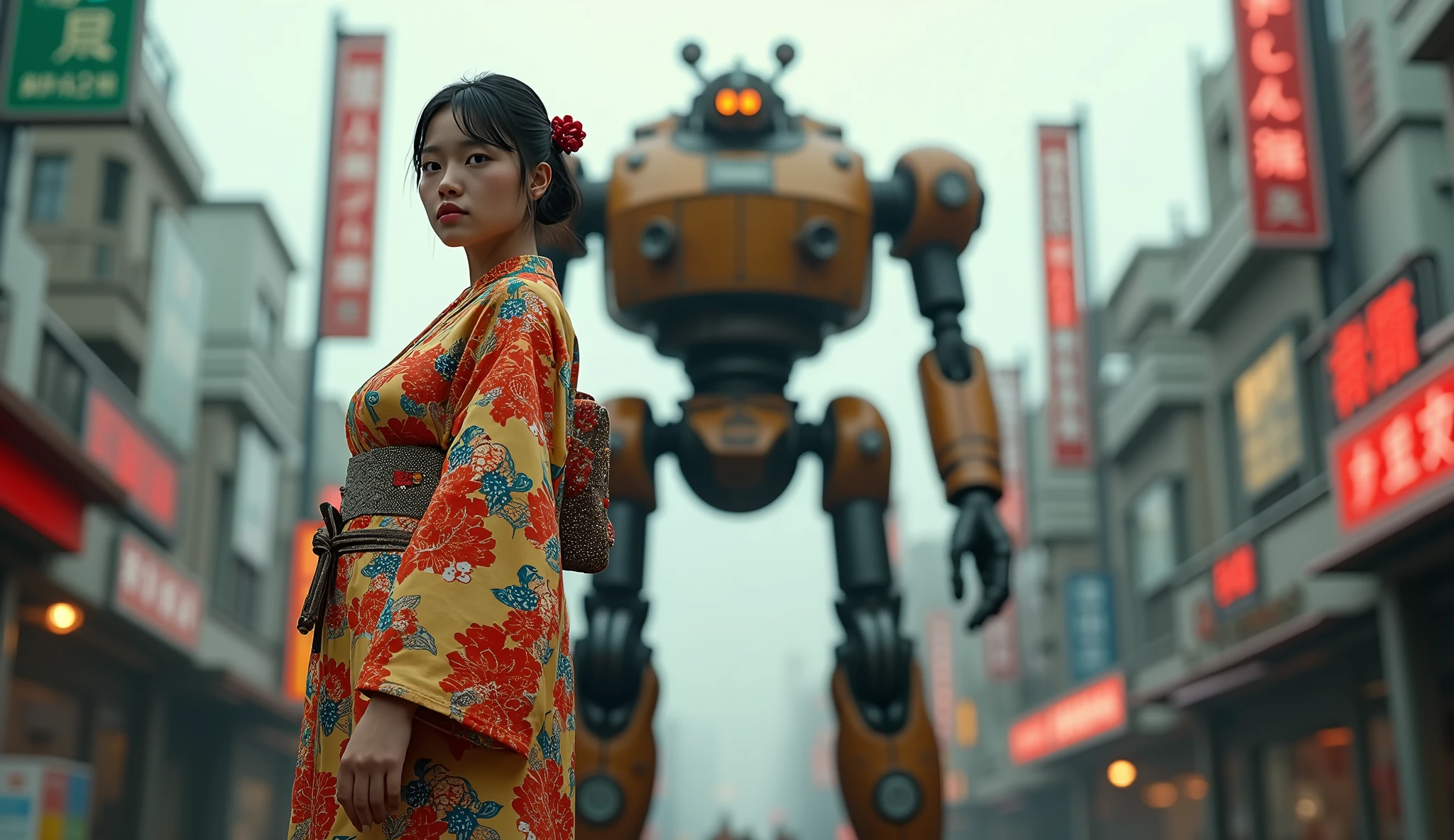 (Masterpiece. Uhd. Photorealistic) an ultra hot gorgeous Swedish woman. Age 23. Voluptuous hourglass body. Gorgeous face. Epic cleavage (100 Dd size)) Wearing a random color expensive Yakata. In cyberpunk retro futuristic Neo Tokyo. A 1930 clunky and rusty evil war robot in the background.