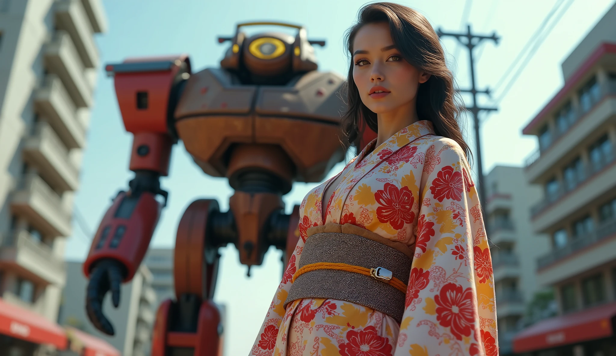 (Masterpiece. Uhd. Photorealistic) an ultra hot gorgeous Swedish woman. Age 23. Voluptuous hourglass body. Gorgeous face. Epic cleavage (100 Dd size)) Wearing a random color expensive Yakata. In cyberpunk retro futuristic Neo Tokyo. A 1930 clunky and rusty evil war robot in the background.