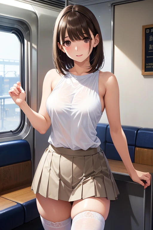 ((best quality)), ((masterpiece)), ((detailed)), (((perfect face))), (((slender 18yo age girl))), ((((medium breasts)))), ((((topless)))), ((((dark blue pleated skirt)))), ((dark brown hair)), ((short ponytail)), (((blue eyes))), ((shy:1.3)), ((blushing:1.5)), (((bare chest))), ((bare stomach)), ((bare shoulders)), (((bare arms))), (((walking))), ((((bus interior, windows)))), (((walking))), (((shy arms))), (((looking at viewer))), (((open front door))), ((((detailed background))))