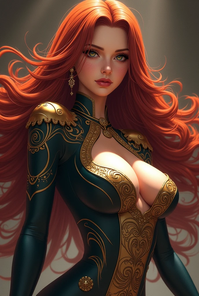 A stunningly alluring Boa Hancock from One Piece, exuding a distinct aura of power and grace. Flaunting long reddish-brown hair that curls around her majestic figure, her eyes sparkle with an ethereal intensity. The image, whether a detailed painting or a stunning photograph, captures every curve and line of her with incredible precision. Every detail, from the intricate patterns that adorn her outfit to the subtle smile on her lips, exudes true artistry.