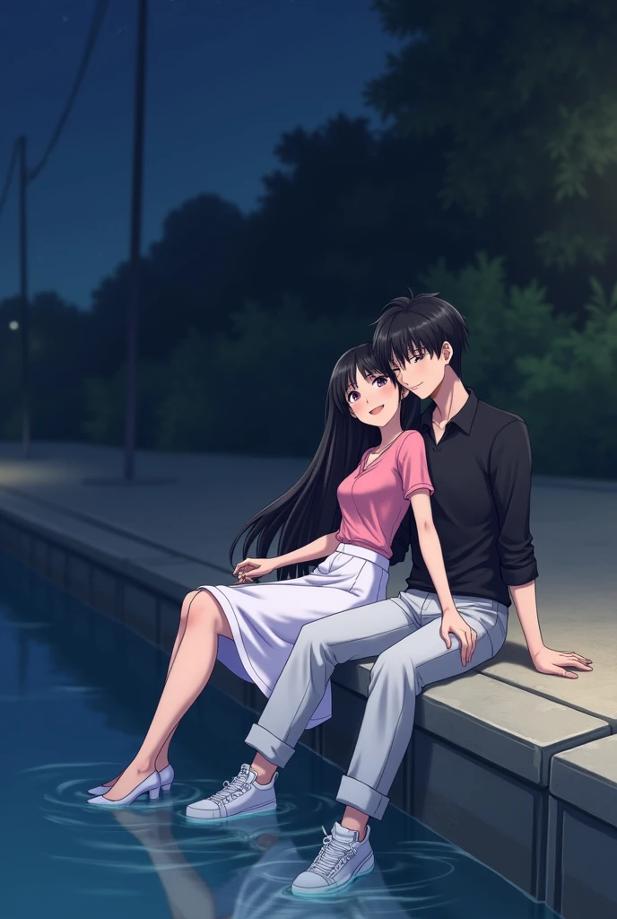 girl has black long hair and is pretty.she is wearing a pink top,a white skirt and blue shoes.he has black hair.He wears white shoes,white pants and a black shirt.the two are sitting by the water she holds her hand in the water and lies .he holds her legs and laughs.it&#39;s night.they sit on a canal.the water is one meter below you 