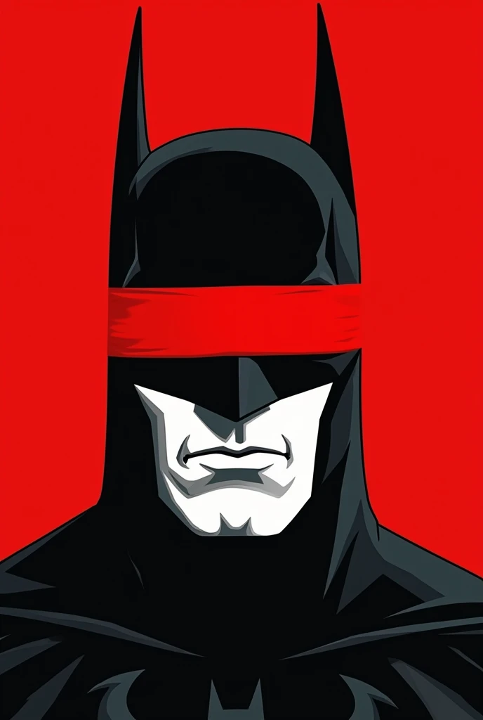 A stylized Art vectoriel portrait of Batman with a black and white face, partiellement obscurci par une bande rouge audacieuse sur ses yeux et sa bouche. L'arrière-plan est rouge uni. La figure semble solennelle, Art vectoriel