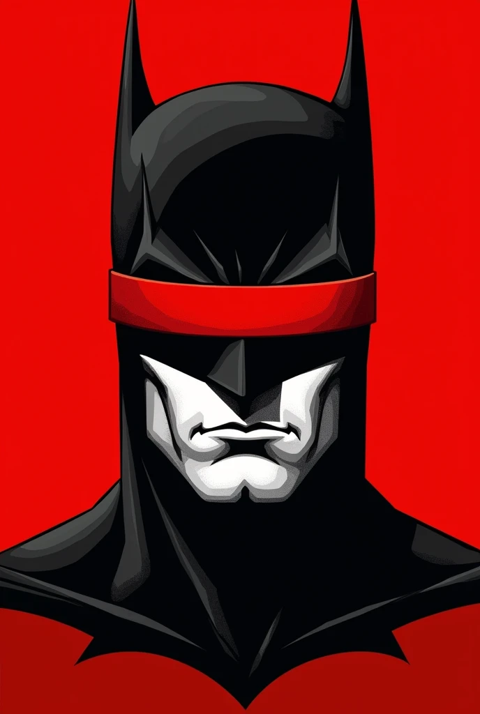 A stylized Art vectoriel portrait of Batman with a black and white face, partiellement obscurci par une bande rouge audacieuse sur ses yeux et sa bouche. L'arrière-plan est rouge uni. La figure semble solennelle, Art vectoriel