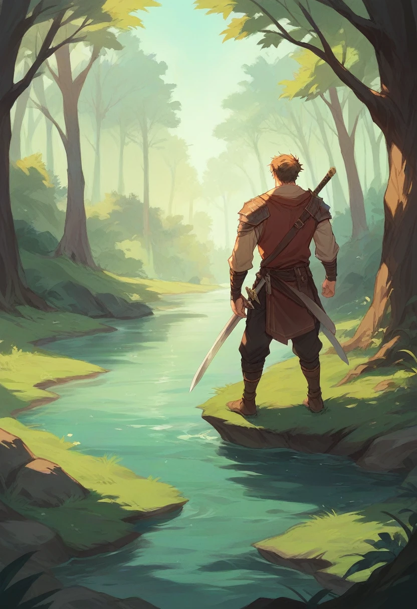 A man almost die with sword in the forest near the river