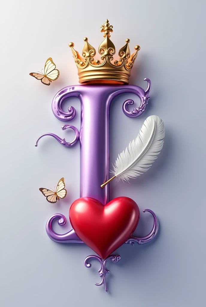 A 3d render of the a capital letter "I" in a purple and gold metallic font with a golden British crown above letter and a white feather and butterfly, with a light shine behind the letter, and a silver swirl underneath. A red heart , The background is a light gray.