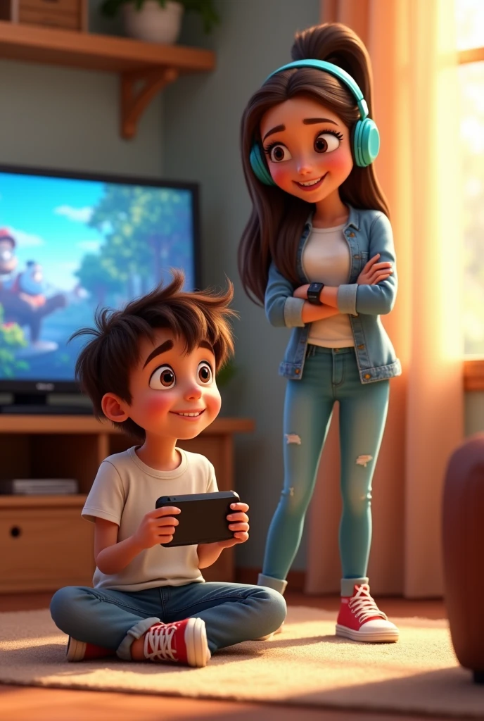 Pixar animation style
Lucas: A  boy, brown messy hair, wearing a simple white t-shirt and worn blue jeans with red sneakers with an expression of wonder and excitement, holding a portable console while watching a commercial for the latest video game console on TV.
Valeria: A , with freckles and long dark hair, tied back in a high ponytail; wearing a simple white t-shirt with a light blue denim jacket and tight light blue jeans (He wears a black smartwatch and turquoise wireless headphones.) standing with his arms crossed, looking directly at his brother with a kind smile.
Setting: A cozy video game room, illuminated by natural light coming in through a window on the right. In the center, Lucas is sitting on the floor with an expression of wonder and excitement, holding a portable console while watching a commercial for the latest video game console on TV. Valeria is standing near the door, smiling as she watches Lucas. The environment should be vibrant, with warm colors that reflect Lucas' passion for video games.