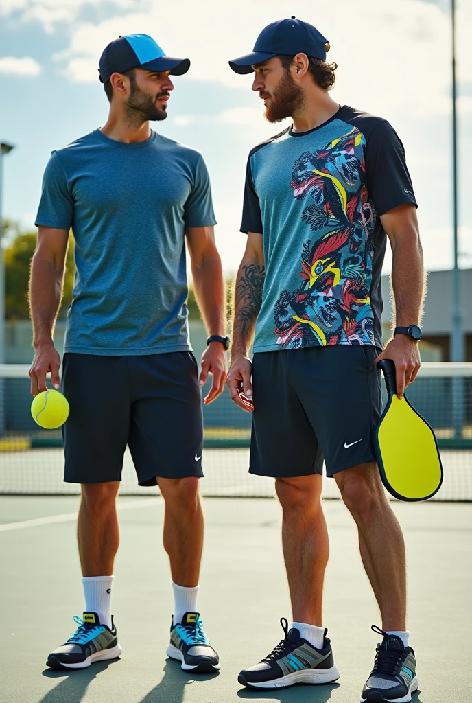 Design a collection of sportswear specifically tailored for pickleball players. Include a comfortable and breathable T-shirt featuring a stylish, active design with pickleball-related graphics. Design a pair of athletic shorts or pants with moisture-wicking fabric, offering flexibility and ease of movement. Include a pair of supportive and lightweight sneakers with good grip and cushioning suitable for pickleball courts. The overall look should be sporty, functional, and appealing, using vibrant colors and modern patterns that reflect the energetic and social nature of the sport