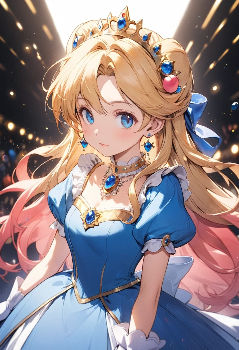(a little girl),Princess Peach,blonde blue eyes,coronet,blue brooch,blue earrings,opera gloves