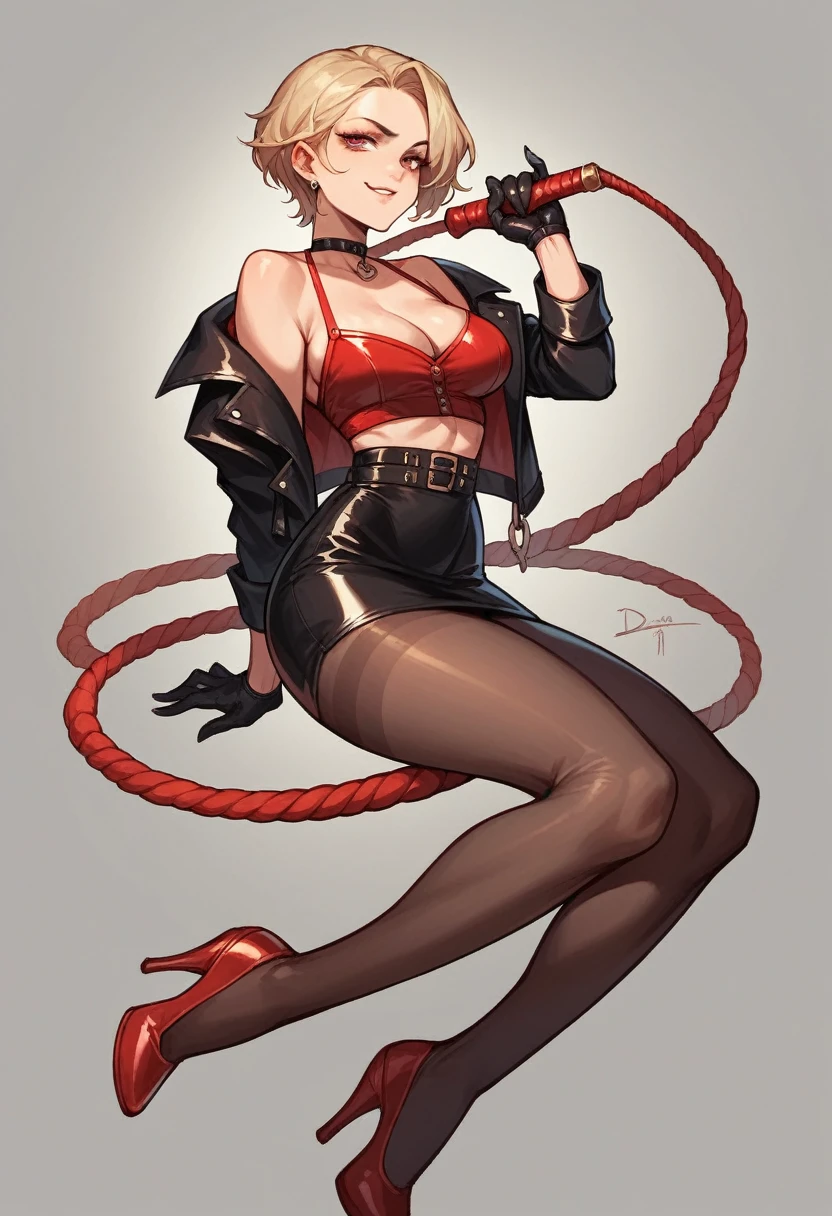 Sexy madgal with long black gloves and red top and pantyhose with short leather skirt and red high heels and whip handjob dominatrix