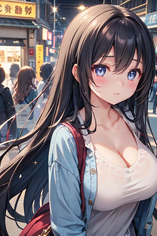 (Two Girls, Long Hair, color, Detailed eyes, Sparkling Eyes, Heart in the Eyes), Large Breasts, Cleavage, adolescent girl, Casual and stylish clothes, At Japan Street, A clothing store where I buy clothes for my second child), Daytime, Abusing lens flares, color収差, Attention to detail, anime, Romanticism, About Art, Depth of written boundary, Motion Blur, Shining Light, Film Grain, 超High resolution, retina, Accurate, masterpiece, Anatomically correct, Textured skin, Super Detail, Attention to details, high quality, Awards, 最high quality, High resolution, 16K