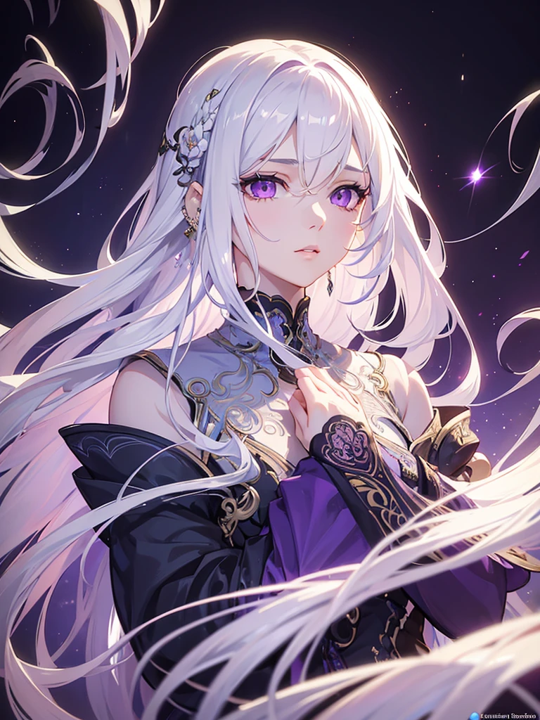 (work of art, best qualityer, ultra detali, best shade), (detailed back ground,black fantasy), (beautifull detailed face), hight contrast, (better lighting, extremely delicate and beautiful), ((cinematic light)), colorfully, hyper detail, Dramatic light, details Intricate, (1 girl, standing alone,White hair, sharpy face,purples eyes, hair between the eyes,dynamic angle), blood splatters, rotating black light around the character, Depth of field,black light particles,(vidro quebrado),magic circle,