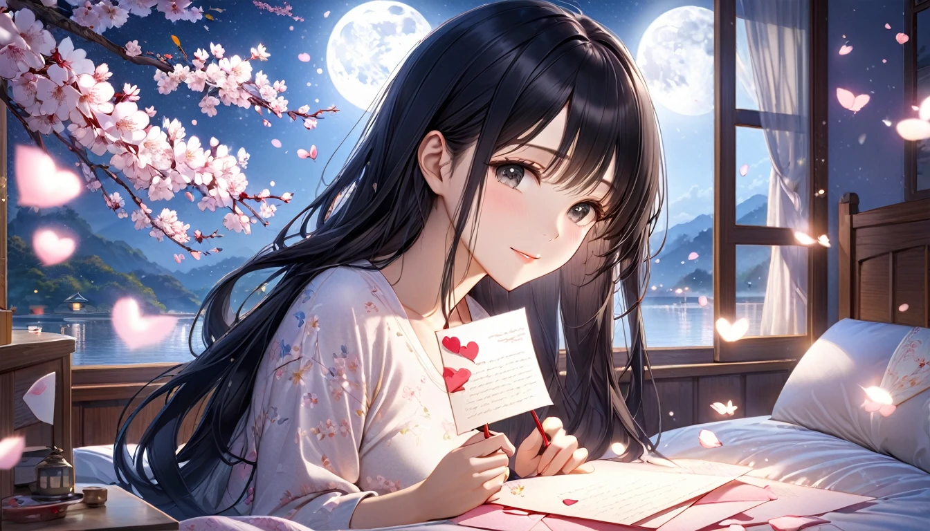 アニメ, A beautiful young Japanese woman with long black hair, dreamily gazing at a love letter, soft moonlight illuminating her face, cherry blossoms floating in the background, cozy bedroom setting, romantic and tranquil atmosphere, photorealistic, highly detailed