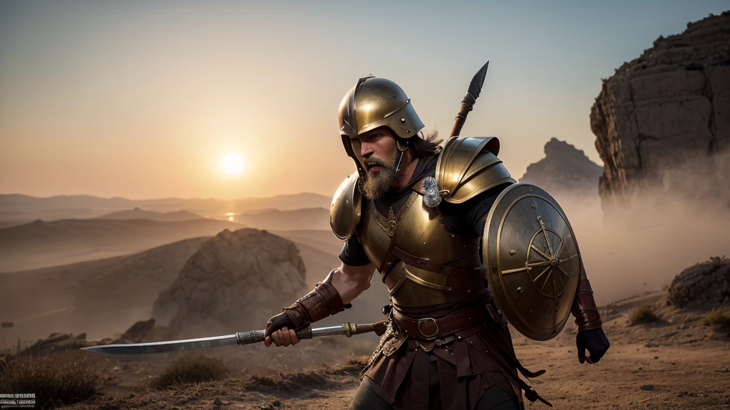 Generate a high-quality, hyper-realistic image of an ancient Greek soldier in the heat of battle, inspired by the visual style of 300. The soldier is captured mid-action, roaring with a fierce war cry. His body is lean, athletic, and well-proportioned, with clearly defined muscles that reflect the physical condition of a Greek warrior. He holds a Dory (spear) in his right hand, with his grip firmly secured around the shaft, and a hoplon (round shield) in his left hand. The shield is attached to his forearm with accurate straps, and the spear is correctly positioned to avoid distortions or unnatural bending.
Pay extra attention to the correct anatomical proportions of the soldier’s arms, legs, hands, and fingers. Both the spear and the shield are essential to the realism of the scene, and they should be crafted with authentic detail. The Dory is a long, wooden spear with a bronze tip, and the hoplon is a large, bronze-covered shield. Make sure that these weapons are well-integrated into the soldier's movements, with his hands naturally gripping the spear and shield.
The soldier is equipped with a Corinthian helmet, bronze cuirass (chest armor), greaves (leg armor), and a red Spartan cloak flowing behind him. His face is intense, with a clear expression of fury and determination. His posture shows him in a balanced, dynamic stance, with one foot forward in the middle of combat. The battlefield is strewn with debris, and in the background, faint figures of other soldiers are visible, also engaging in battle. Dust and smoke fill the air, adding motion to the scene.
The lighting is warm and golden, with the sun low on the horizon, casting long shadows and dramatic highlights on the soldier’s body and armor. The use of light should enhance the textures of the bronze weapons and armor, as well as the dust in the air, without obscuring the clarity of the soldier’s limbs or his surroundings.
Camera specifications for maximum detail and accuracy:
Resolution: 102 MP, full
