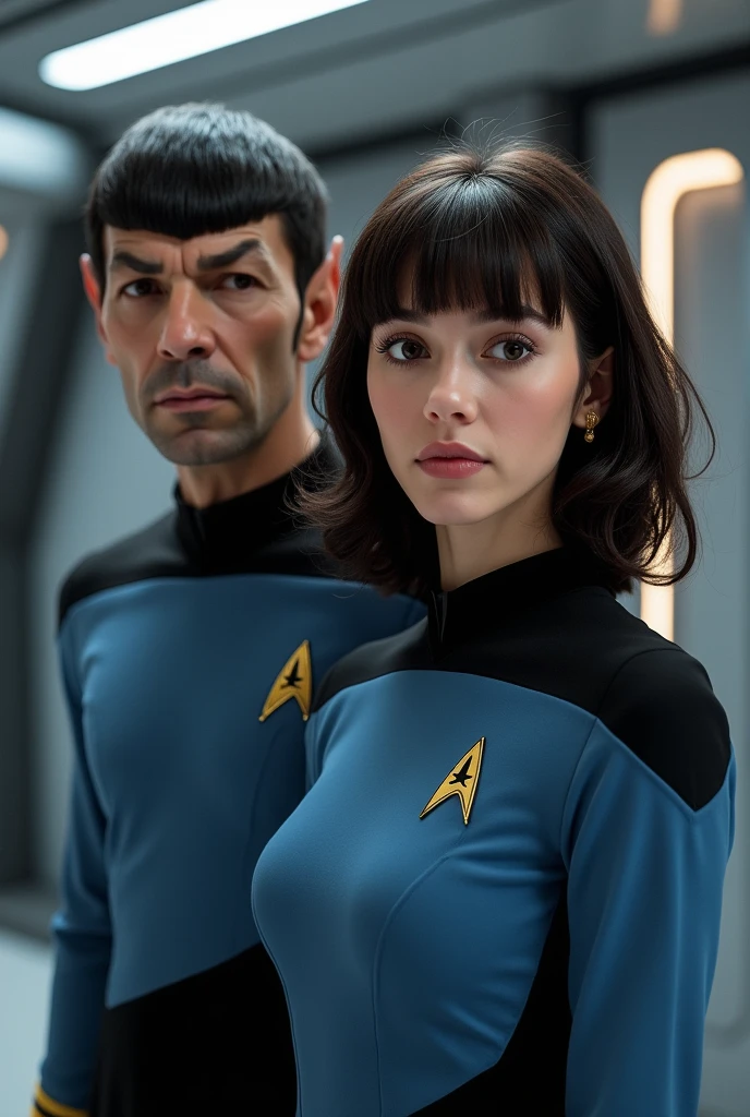Dr Spock Dr Star trek next to a girl with dark brown wavy mid-length hair, with bangs, With dark brown almond-shaped eyes and a pinkish complexion , thin red lips and with the medical uniform. the Star Trek