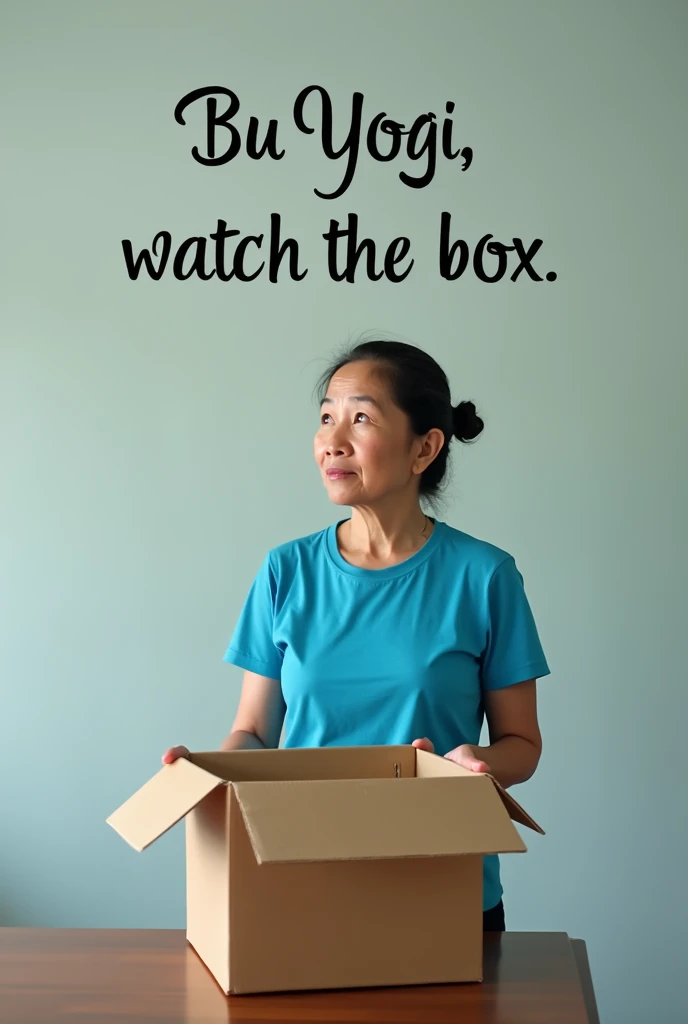 A 50 years female teacher from Indonesia wearing blue t-shirt she look at the brown empty box, in the air there are big word "Bu Yogi NONTON KOTAK" without translate in English, real pics high quality