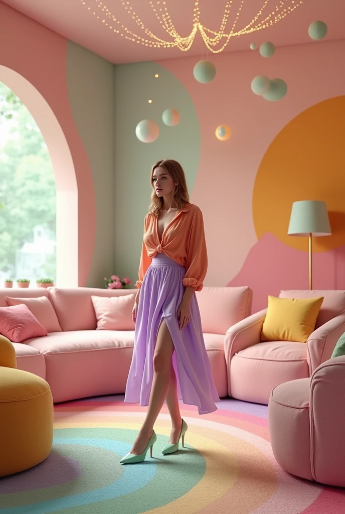 A photorealistic 4K image of an adult living room inspired by a whimsical and colorful children's playroom, featuring vibrant pastel colors, exaggerated shapes, and luxurious textures. The room is filled with plush, oversized furniture in soft velvet fabrics, such as a large, curvy couch in blush pink and armchairs in mint green and sunny yellow. The floor is adorned with a gradient rug that echoes the rainbow theme, while the walls are painted in soft pastels with geometric patterns and floating, glowing orbs. The lighting is soft and warm, with fairy lights strung along the ceiling, casting a magical glow. A beautiful woman, dressed in a chic, pastel-colored outfit with a blend of textures—such as a flowing, peach chiffon blouse, a lavender satin skirt, and mint green heels—stands in the room, surrounded by her friends. Her friends are also dressed in complementary colors, wearing outfits that feature playful yet elegant designs, reflecting the room's whimsical yet sophisticated atmosphere. The camera captures the entire scene with a wide-angle lens, ensuring every detail of the decor, outfits, and expressions is rendered in stunning detail.
