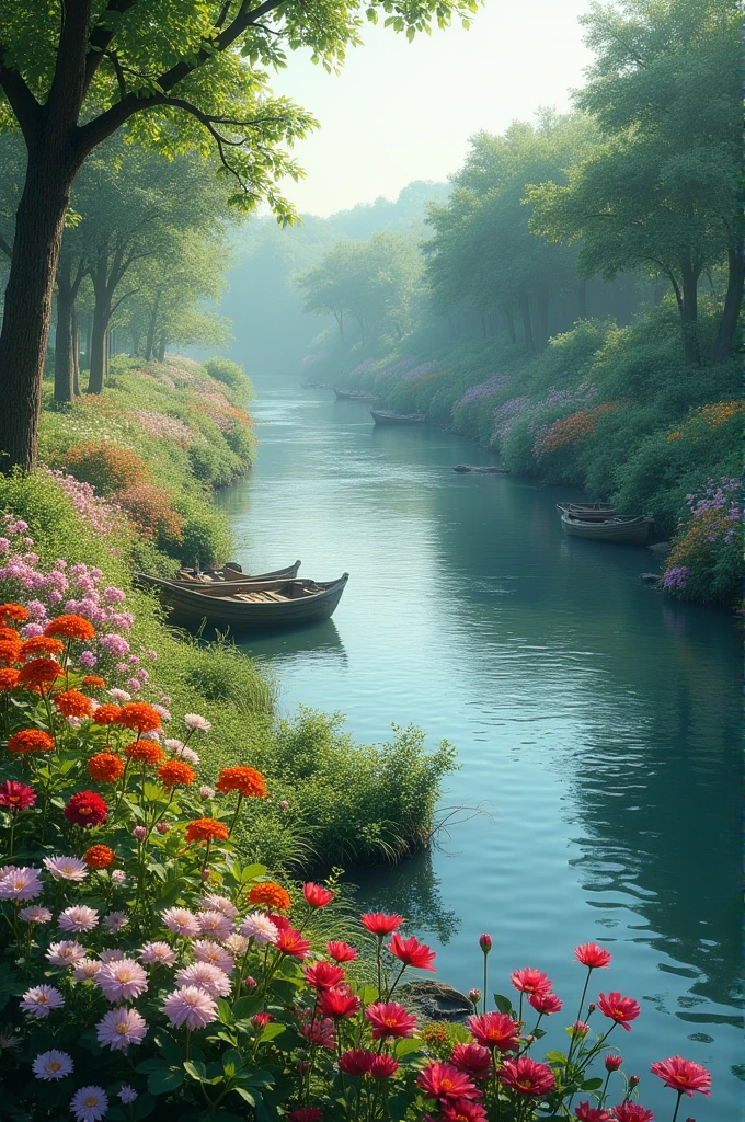 A realistic photo nature riverside with garden made by flower