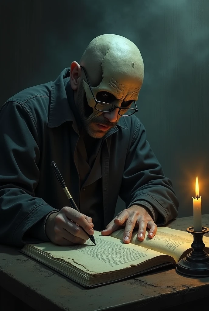 An image of Cesar Davila writing a terrifying poem, more terrifying than half a skull and half a human, more terror
