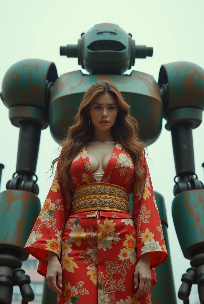 (Masterpiece. Uhd. Photorealistic) an ultra hot gorgeous Swedish woman. Age 23. Voluptuous hourglass body. Gorgeous face. Epic cleavage (100 Dd size)) Wearing a random color expensive Yakata. In cyberpunk retro futuristic Neo Tokyo. A 1930 clunky and rusty evil war robot in the background.