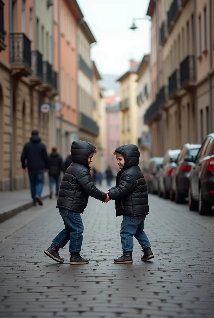 Des   enfants qui se battent  qui se battent dans la rue.  They were separated by a passerby. 