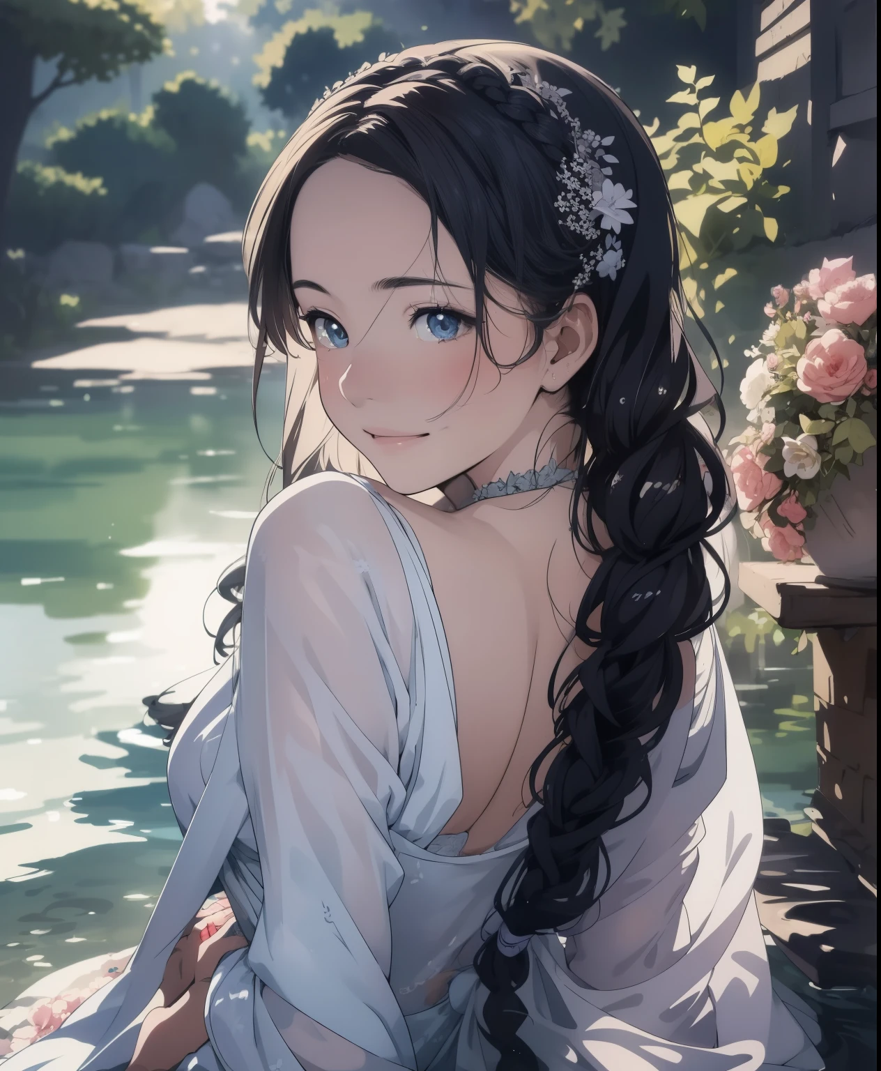 (masterpiece、Highest quality、Highest quality、Official Art、Beautiful and beautiful:1.2)、(One person:1.3)Hatsune Miku、Twin tails,Beautiful breasts, Katsushika Hokusai,masterpiece、Highest quality、High resolution、High-quality images、8k, 1 female、Skin Radiance、Texture of skin and clothing、Expression of fine eyes、shiny light brown hair,Girl with long braided hair, Manga inspired by Lee Jong-suk, Trending on deviantart, realism, detailed manga style, Manga art style, Perfect line drawing, Beautiful line art, digital manga art girl,Beautiful light blue eyes, Lips become thicker, Gorgeous face with attention to detail, (Cute Smile), charm, Innocent, (Perfectly detailed face), (Beautiful Hands) Photorealistic images, Written boundary depth, Princess Hairstyles,Princess Wedding Dresses , Great Society,Beautiful Association,Lots of flowers , Romanticism,