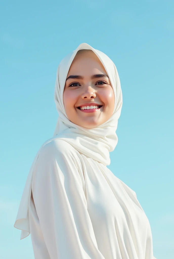 Beautiful white Muslim girl with clear sky behind her in loose white clothes and beautiful smileBeautiful white Muslim girl with clear sky behind her in loose white clothes and beautiful smile