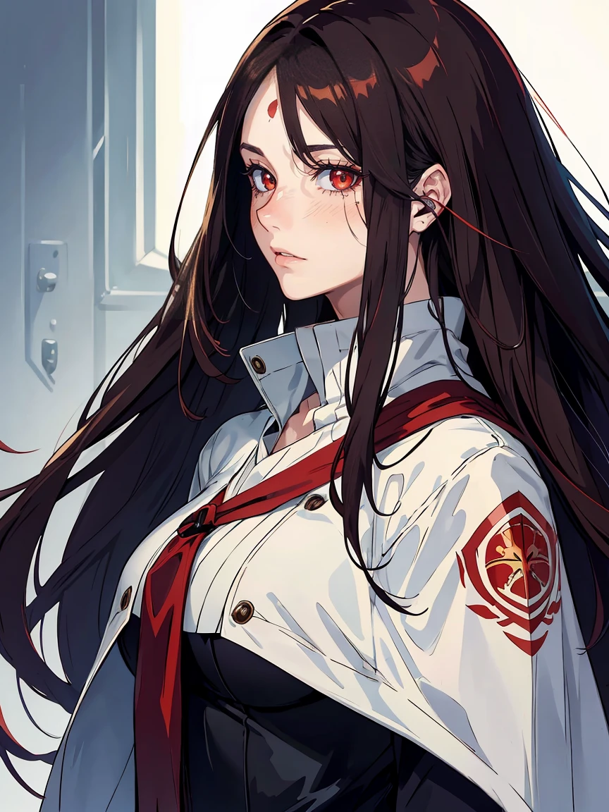 handsome girl，red-eyes，red pupils，Long dark hair，Hyperresolution，accuracy，Detailed rendering，（Subtle facial image）（Image of fine hair）（topquality）（Masterpieces of masters）（High degree of completeness）（A sense of atmosphere）tmasterpiece，Super detailed and super detailed（half-body portrait, bleach oc character, female with long dark hair, facial scars, female, bored expression, older woman, anime,fullbringer, 