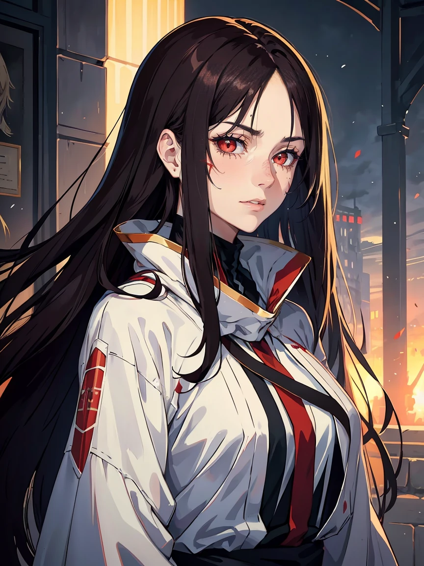 handsome girl,red-eyes,red pupils,Long dark hair,Hyperresolution,accuracy,Detailed rendering,(Subtle facial image)(Image of fine hair)(topquality)(Masterpieces of masters)(High degree of completeness)(A sense of atmosphere)tmasterpiece,Super detailed and super detailed(half-body portrait, bleach oc character, female with long dark hair, facial scars, female, bored expression, older woman, anime,fullbringer,