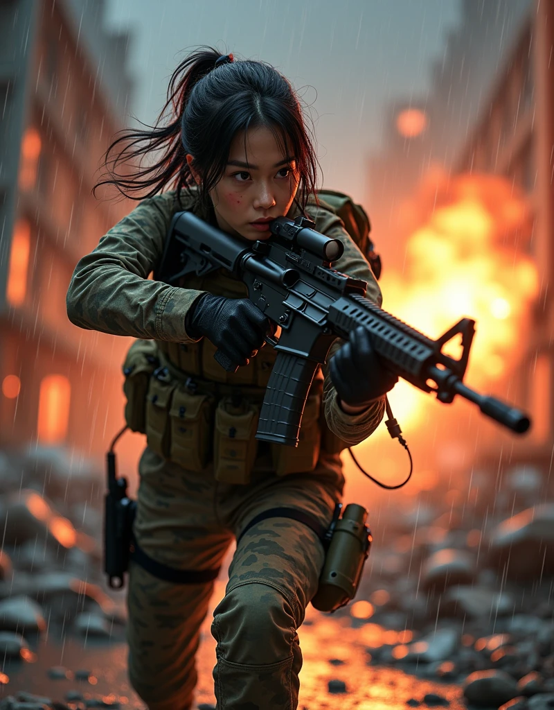 Photo-realistic, ultra-realistic, (very beautiful Japanese, famous Japanese idol:1.3), (Fully equipped for battle:1.5), holding m4a1 large assault rifle, (amazing view of massive explosion:1), (she is very scared and crying:1), (wearing an army soldier's Camouflage outfits with military helmet:1.5), (at a battle field of Abandoned Building at night), very large breasts, (tactical vest, military harness:1.3), (military long boots:1), acrobatic pose, Fighting urban warfare, dynamic angle, spectacular, Nimble movements, Sharp turns, (aim and shoot:1.3), bloodstained wears, injured, rain, at night