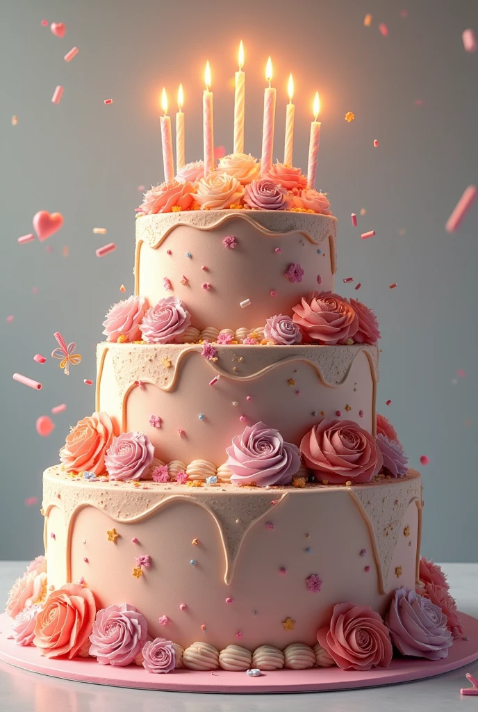 Birthday cake very large very nicely decorated with candles and decoration and a small message