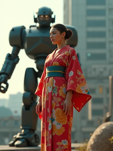 (Masterpiece. Uhd. Photorealistic) an ultra hot gorgeous Swedish woman. Age 23. Voluptuous hourglass body. Gorgeous face. Epic cleavage (100 Dd size)) Wearing a random color expensive Yakata. In cyberpunk retro futuristic Neo Tokyo. A 1930 clunky and rusty evil war robot in the background.
