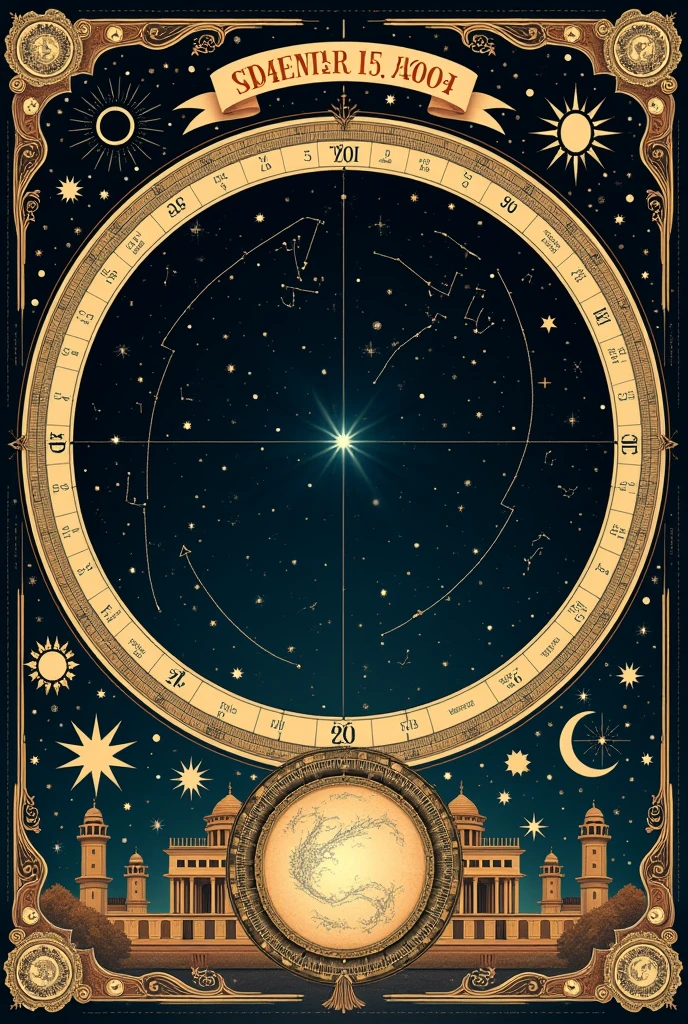 Create a star map illustration that represents the night sky on September 15, 2004. The design should be in a vintage, ornate style with intricate borders and celestial details, similar to a classical astronomical chart. Include a central bright star surrounded by various constellations and celestial bodies.
Add decorative elements like small maps, constellations, and symbols around the border. The background should be dark with a starry sky and intricate illustrations of the zodiac and other celestial motifs
Readable font /square image
Complete image without missing anything
Don't make it look conjusted
"Generate a vintage-style celestial illustration featuring a large, ornate circular frame with intricate, classical designs and smaller decorative elements, like clocks, globes, and architectural details, around the edges. In the center of the image, replace the current design with a depiction of the night sky over Jabalpur, India. Include a constellation focus within this circle, using thin, elegant lines to connect the stars. Ensure the constellations are clearly visible and aesthetically arranged, with subtle glowing dots for the stars.
Maintain the overall theme with a dark background and gold accents, highlighting the beauty of the constellations without overwhelming the design. Keep the outer frame rich in detail, with celestial motifs such as sun rays, moon phases, and star maps, ensuring a cohesive and visually captivating composition.
Readable fonts
Connection the star zodiac thing and moon
Make is look more aesthetic (Hindu reference optionally)