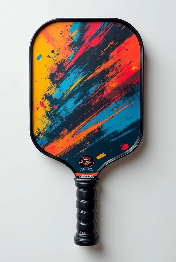 Design a pickleball paddle that reflects the modern and dynamic style of the sport. The paddle should feature a sleek, aerodynamic shape with a lightweight frame for easy handling. Include vibrant and energetic colors, with bold patterns or graphics that highlight the fun and social aspect of pickleball. The handle should be ergonomic with a comfortable grip, and the paddle face should have a textured surface for enhanced control and power. The overall design should be visually appealing and suitable for both casual and competitive players